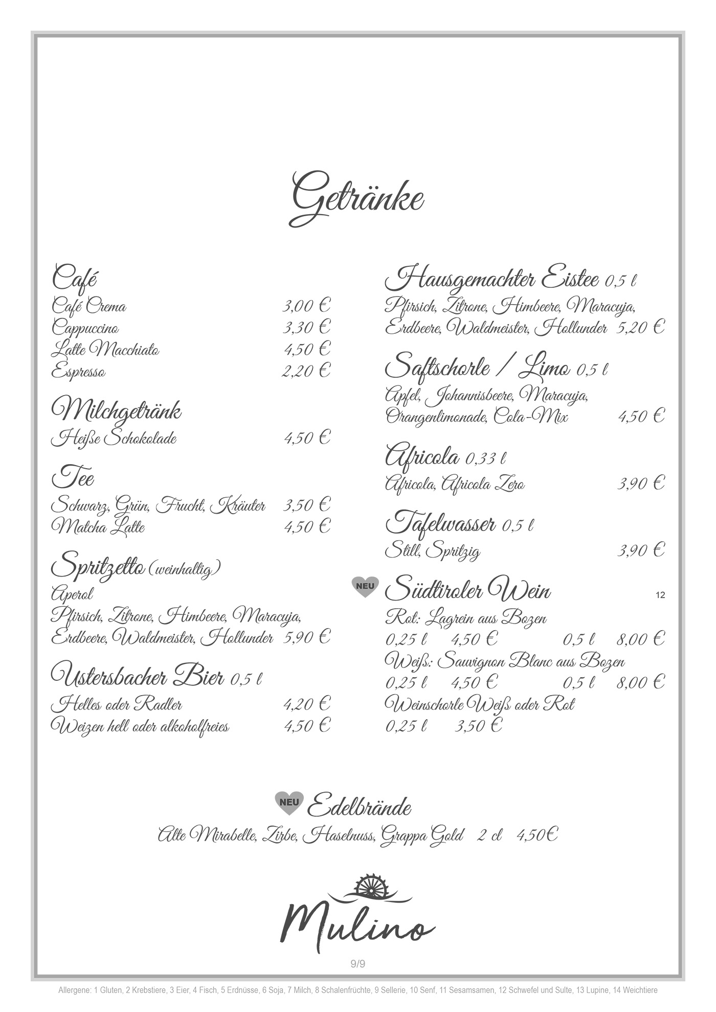 Mulino Speisekarte S9